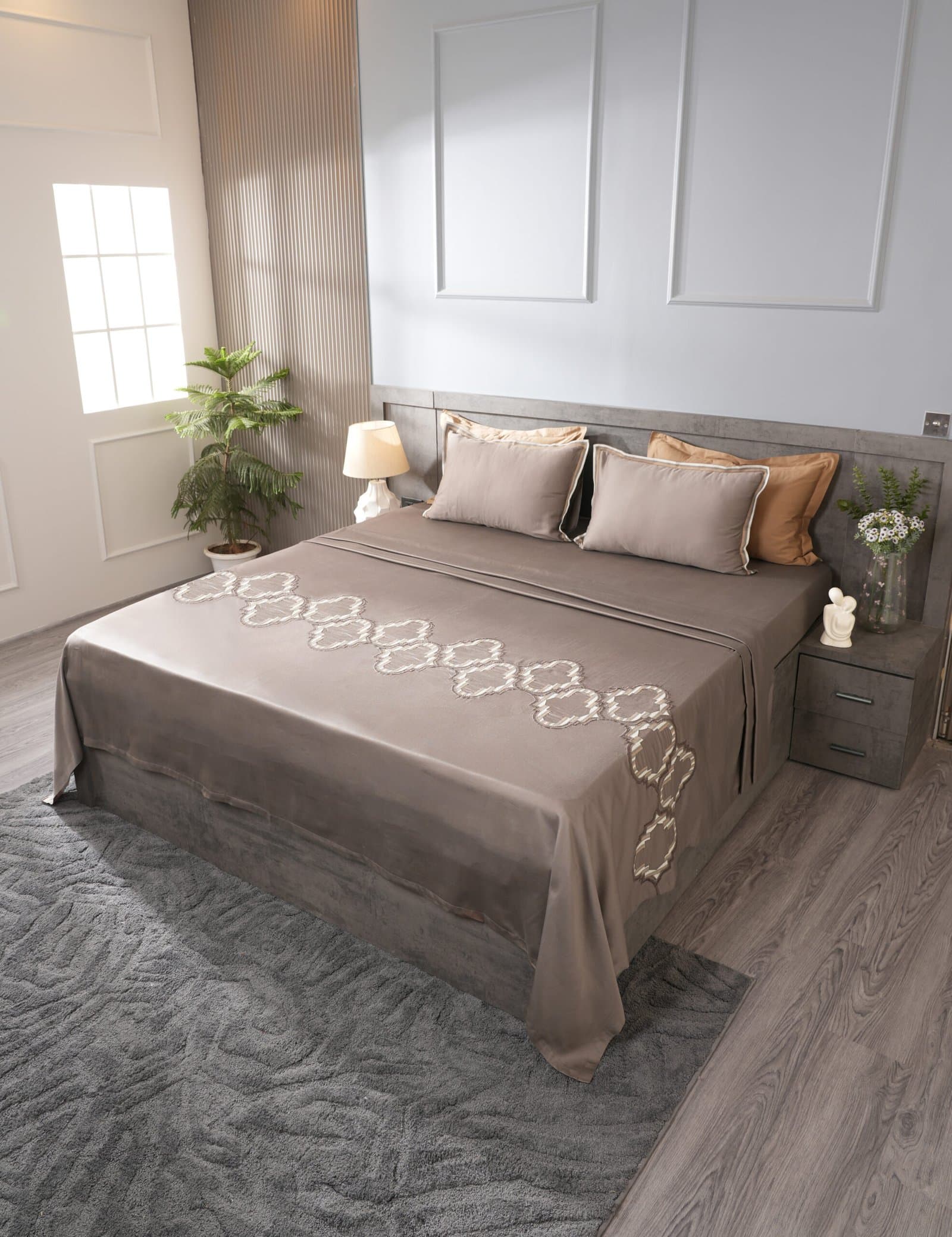 Imperial Geometry Embroidered Bedsheet Set | Warm Cocoa | Designer Embroidery | 1 Bedsheet with 2 Pillow Covers | Luxury Bedroom Décor (108″x108″/274cmx274cm) view 5