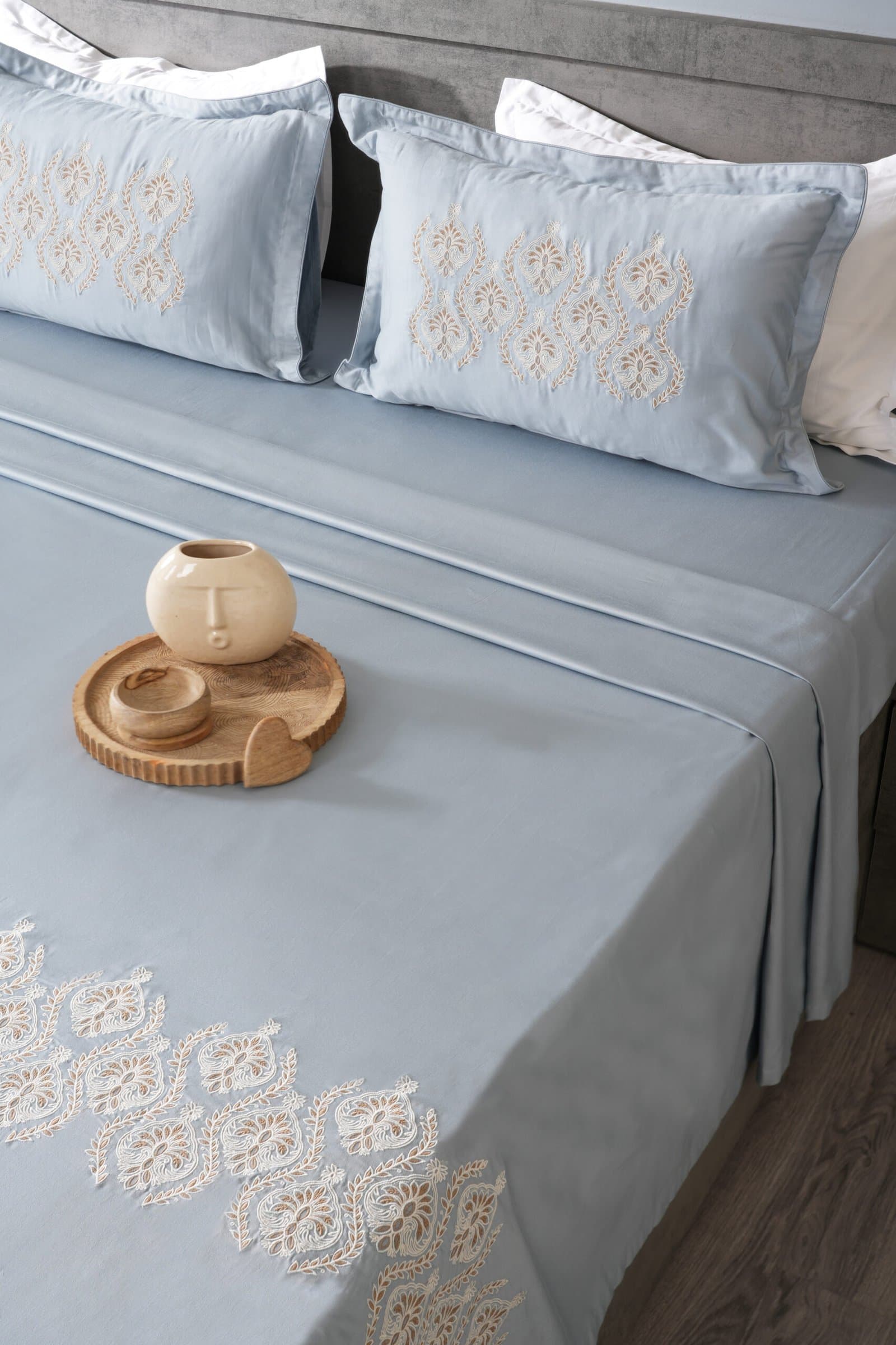 Zari Noor Buta Embroidered Bedsheet Set | Steel Blue | Designer Embroidery | 1 Bedsheet with 2 Pillow Covers | Luxury Bedroom Décor (108″x108″/274cmx274cm) (Copy) view 5