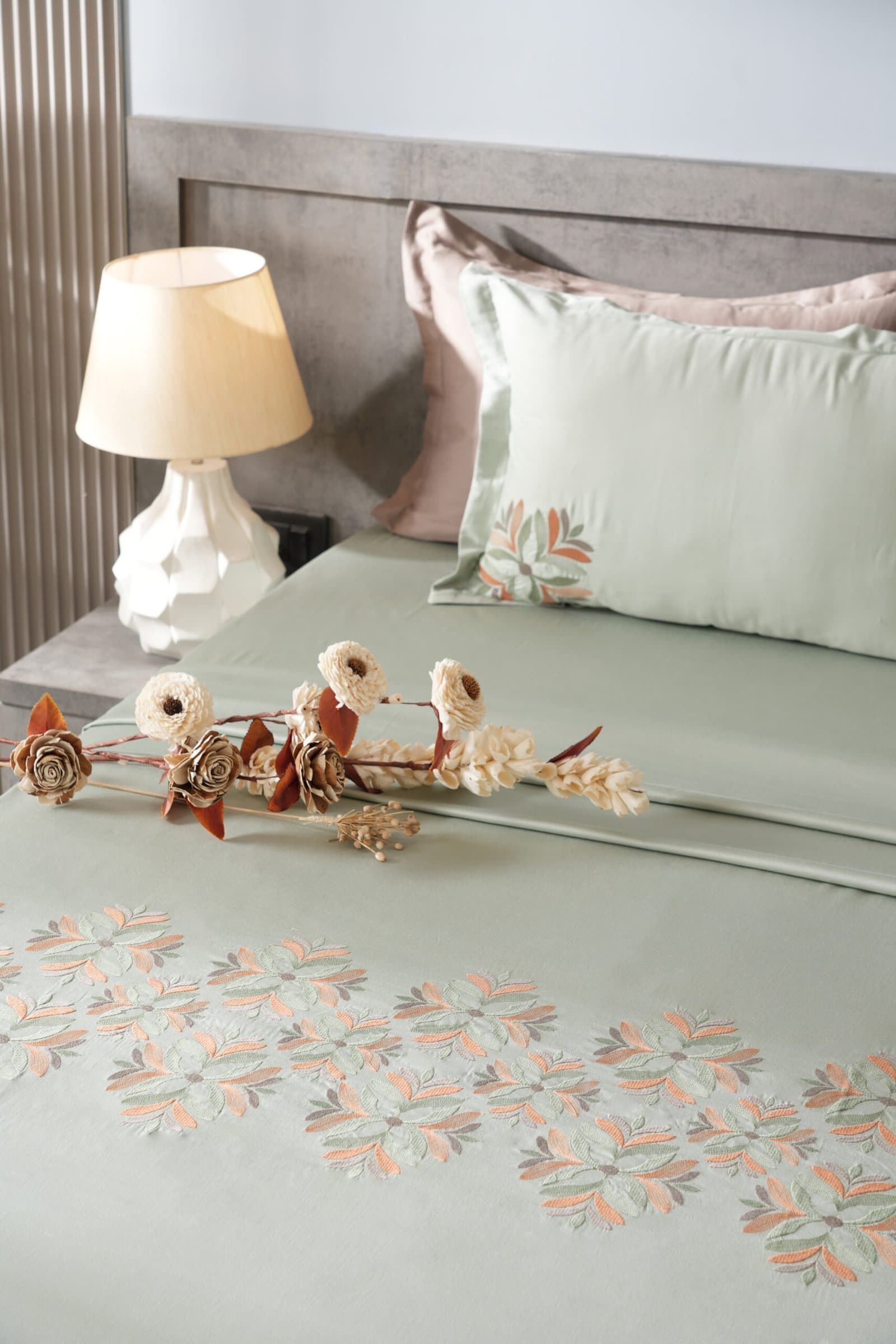 Bahoor Bloom Embroidered Bedsheet Set | Mist Green | Designer Embroidery | 1 Bedsheet with 2 Pillow Covers | Luxury Bedroom Décor (108″x108″/274cmx274cm)