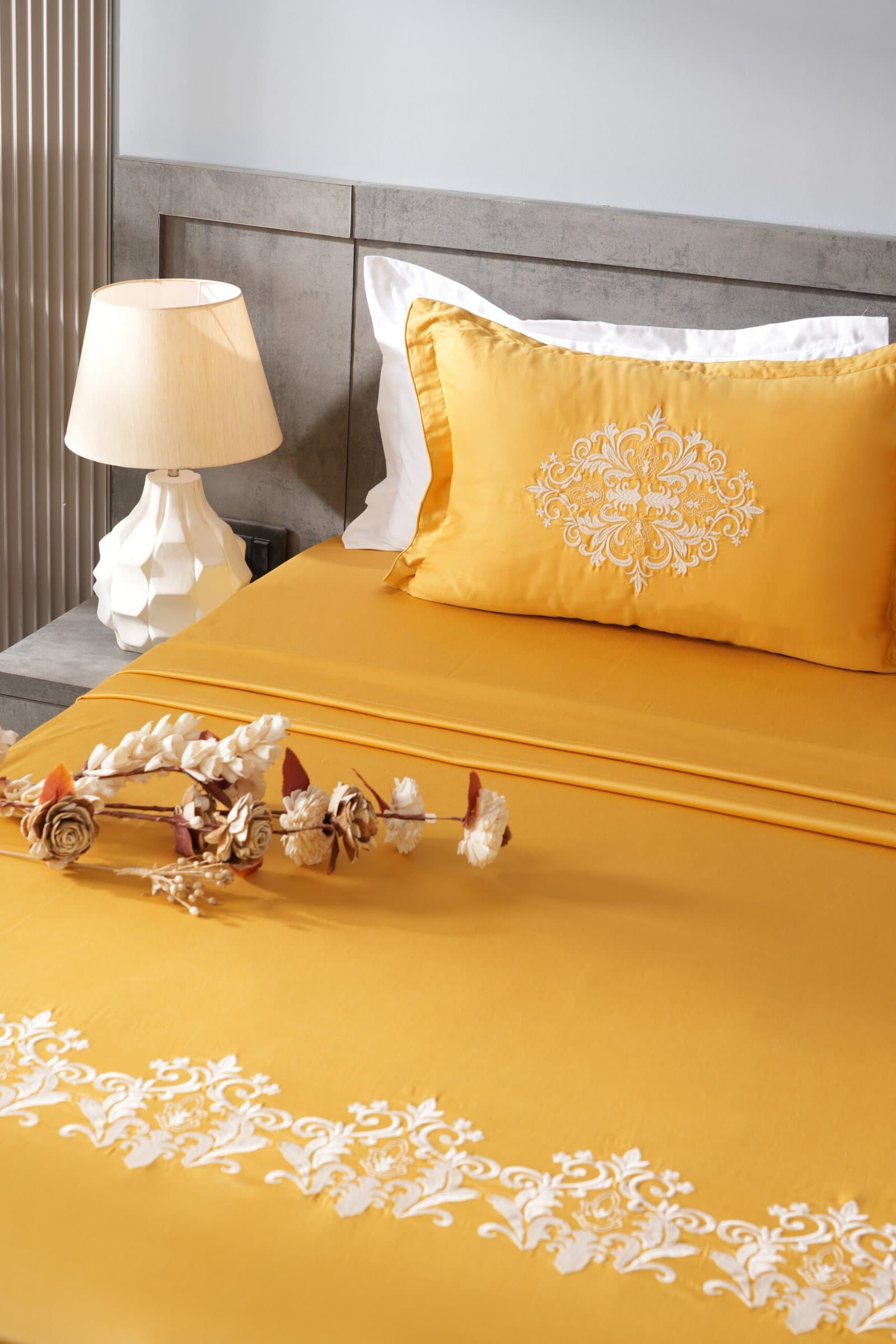 Jharokha Embroidered Bedsheet Set | Sunlit Gold | Designer Embroidery | 1 Bedsheet with 2 Pillow Covers | Luxury Bedroom Décor (108″x108″/274cmx274cm) view 2