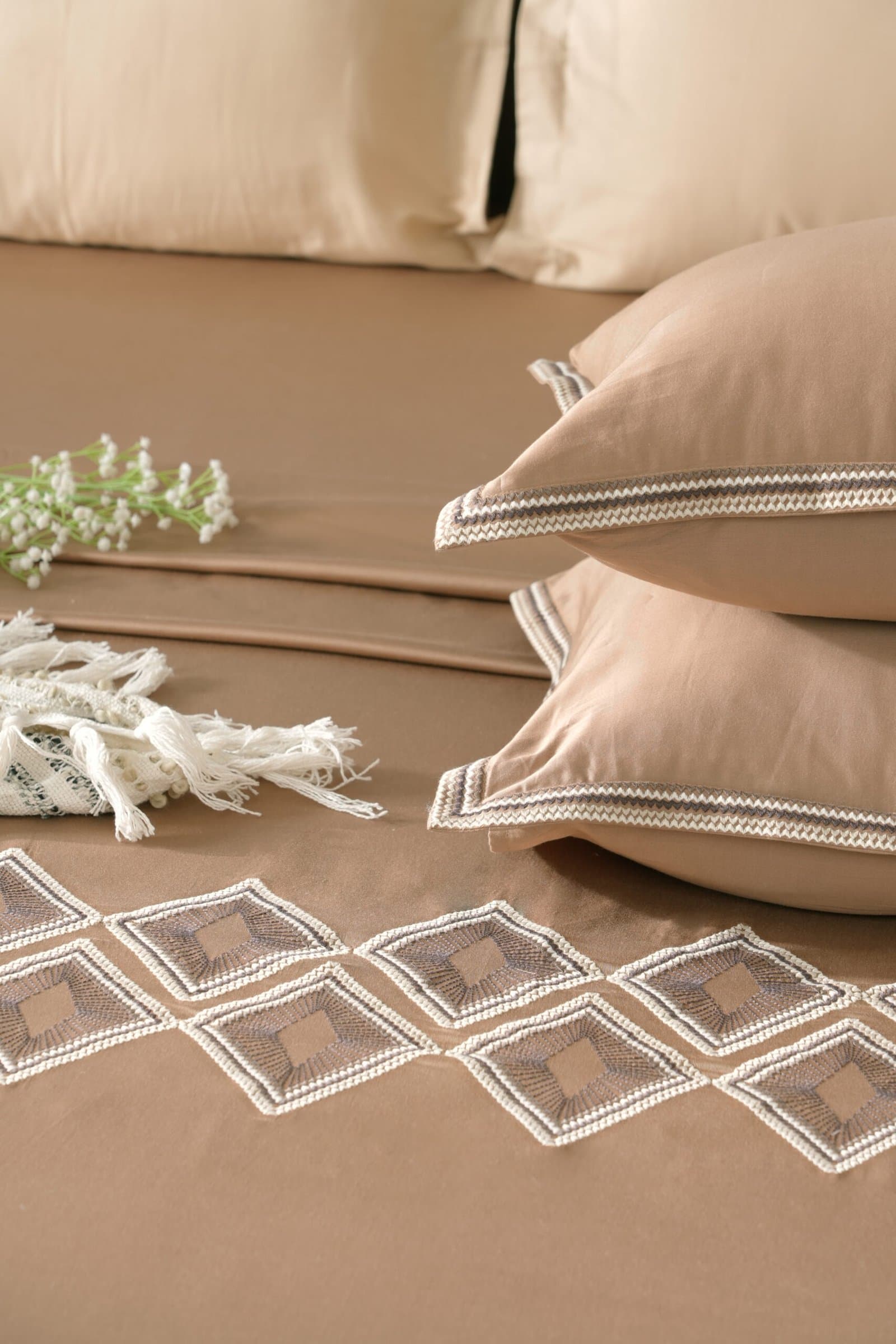 Diamond Mirage Embroidered Bedsheet Set | Taupe Mist | Designer Embroidery | 1 Bedsheet with 2 Pillow Covers | Luxury Bedroom Décor (108″x108″/274cmx274cm) view 7