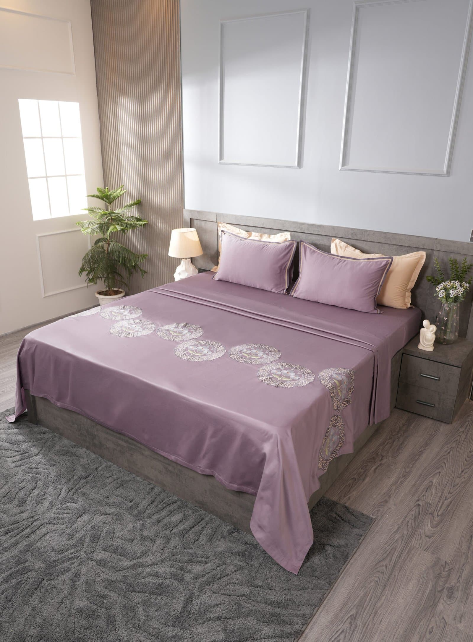 Moonflower Motif Embroidered Bedsheet Set | Smoky Lilac | Designer Embroidery | 1 Bedsheet with 2 Pillow Covers | Luxury Bedroom Décor (108″x108″/274cmx274cm) view 6