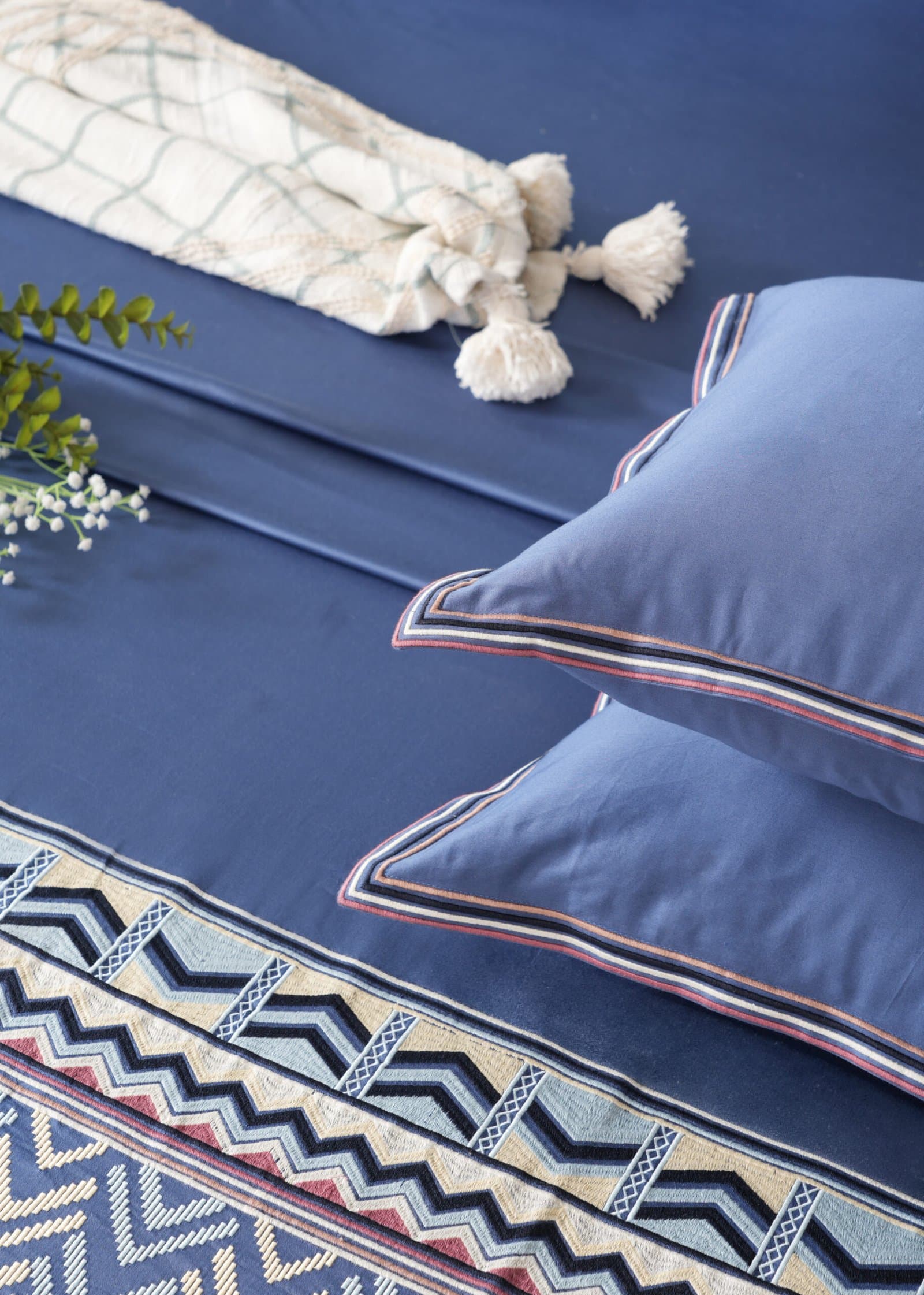 Noor-E-Neel Embroidered Bedsheet Set | Misty Denim | Designer Embroidery | 1 Bedsheet with 2 Pillow Covers | Luxury Bedroom Décor (108″x108″/274cmx274cm) view 6