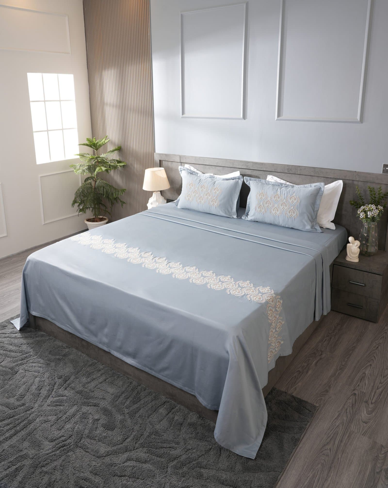 Zari Noor Buta Embroidered Bedsheet Set | Steel Blue | Designer Embroidery | 1 Bedsheet with 2 Pillow Covers | Luxury Bedroom Décor (108″x108″/274cmx274cm) (Copy) view 6
