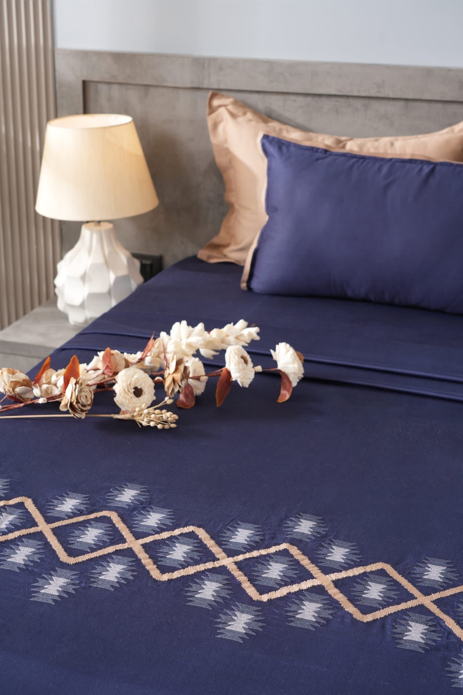 Mid-Night Weave Embroidered Bedsheet Set | Royal Navy | Designer Embroidery | 1 Bedsheet with 2 Pillow Covers | Luxury Bedroom Décor (108″x108″/274cmx274cm)