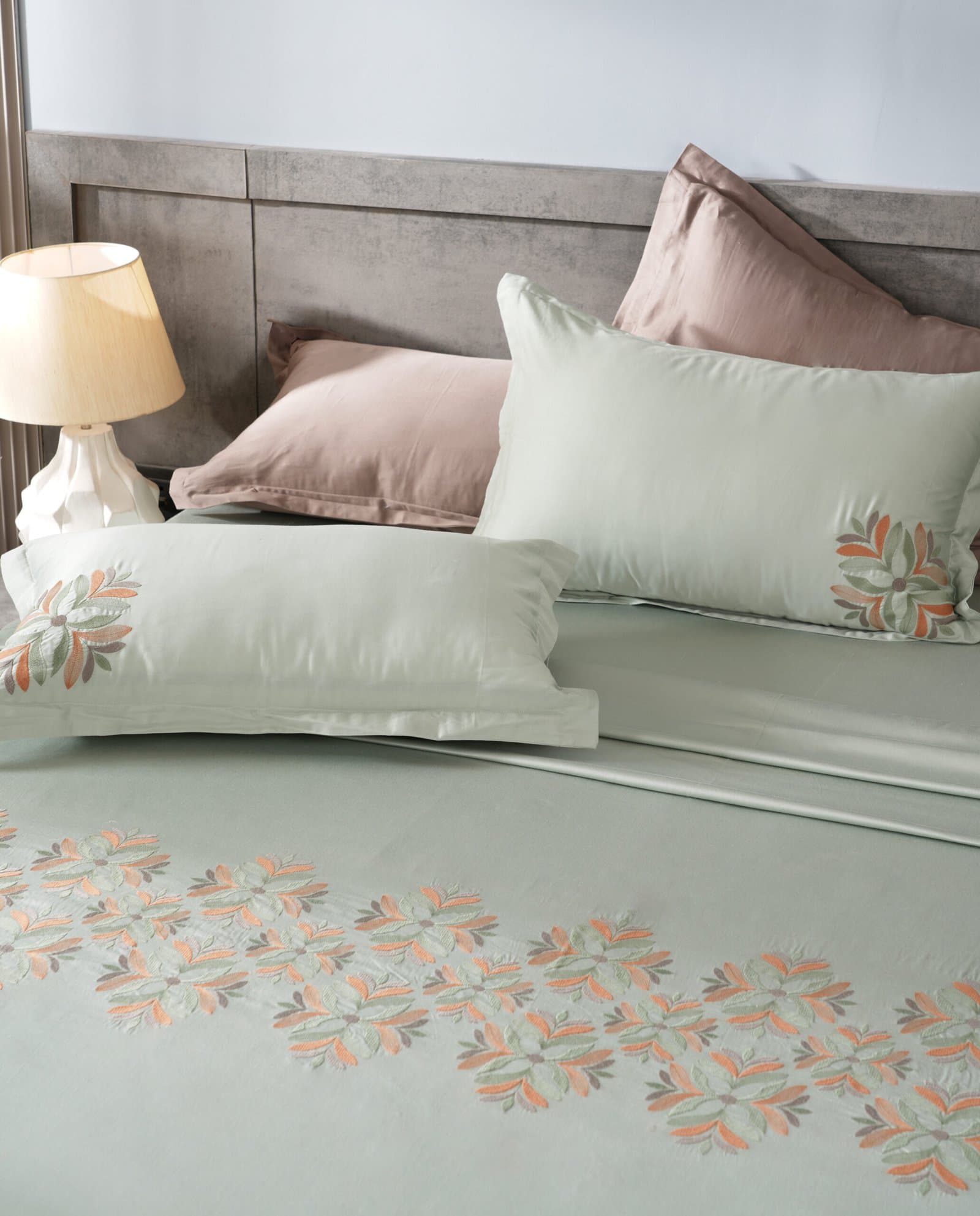 Bahoor Bloom Embroidered Bedsheet Set | Mist Green | Designer Embroidery | 1 Bedsheet with 2 Pillow Covers | Luxury Bedroom Décor (108″x108″/274cmx274cm) view 7