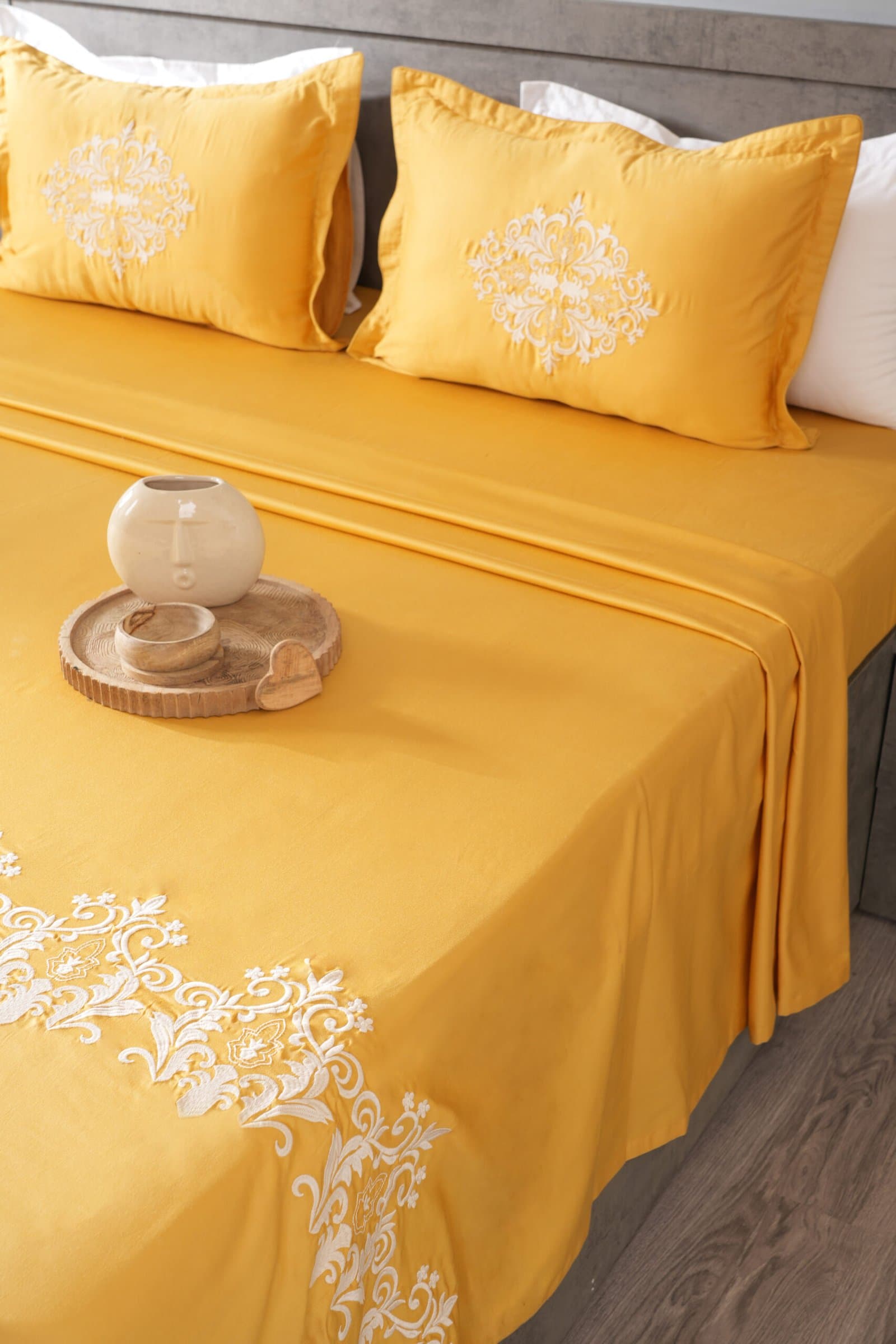 Jharokha Embroidered Bedsheet Set | Sunlit Gold | Designer Embroidery | 1 Bedsheet with 2 Pillow Covers | Luxury Bedroom Décor (108″x108″/274cmx274cm) view 3
