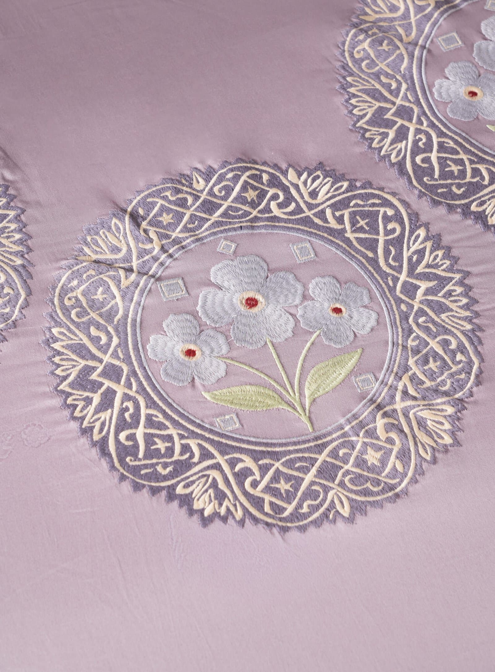Moonflower Motif Embroidered Bedsheet Set | Smoky Lilac | Designer Embroidery | 1 Bedsheet with 2 Pillow Covers | Luxury Bedroom Décor (108″x108″/274cmx274cm) view 7
