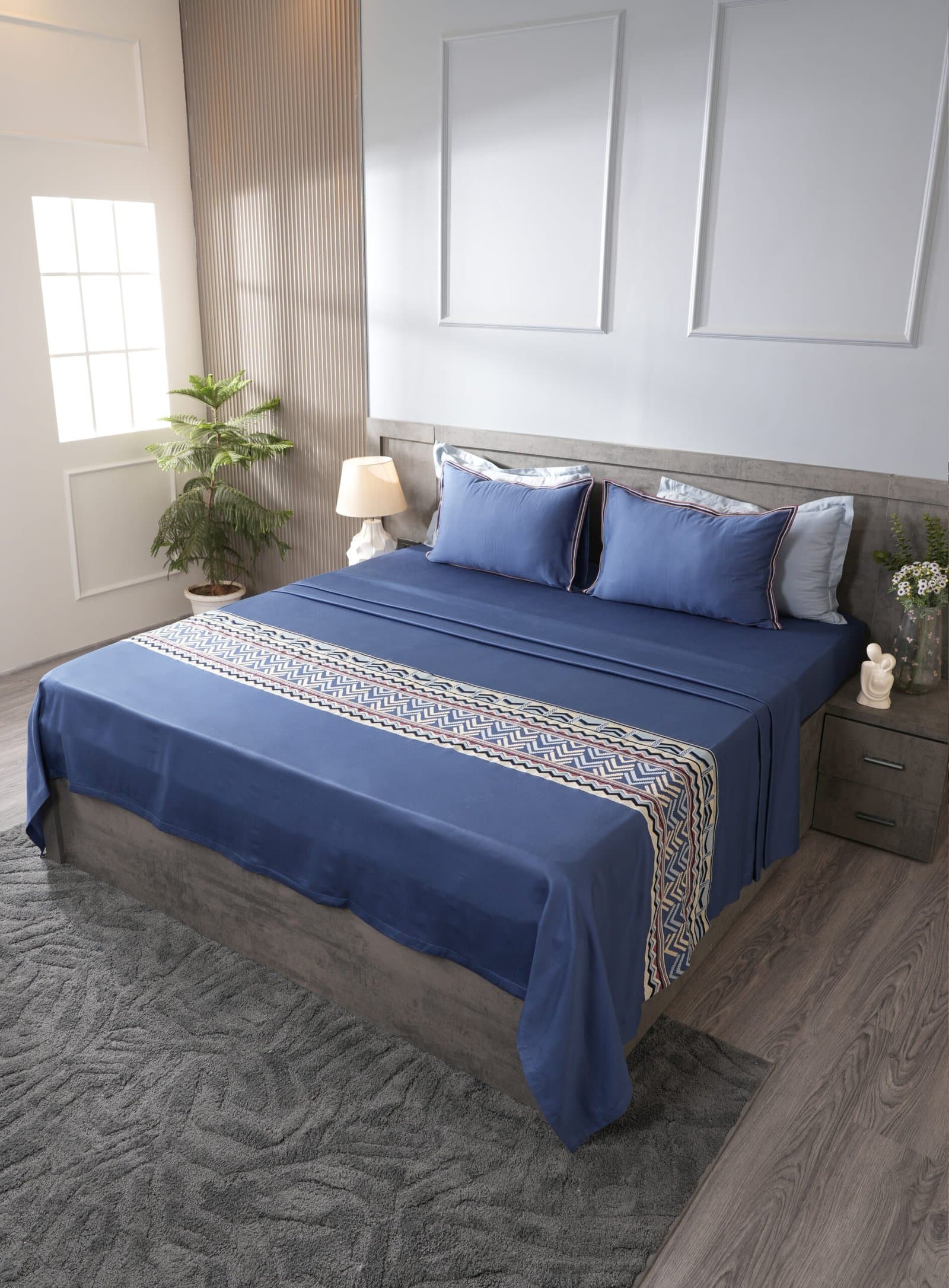 Noor-E-Neel Embroidered Bedsheet Set | Misty Denim | Designer Embroidery | 1 Bedsheet with 2 Pillow Covers | Luxury Bedroom Décor (108″x108″/274cmx274cm) view 7