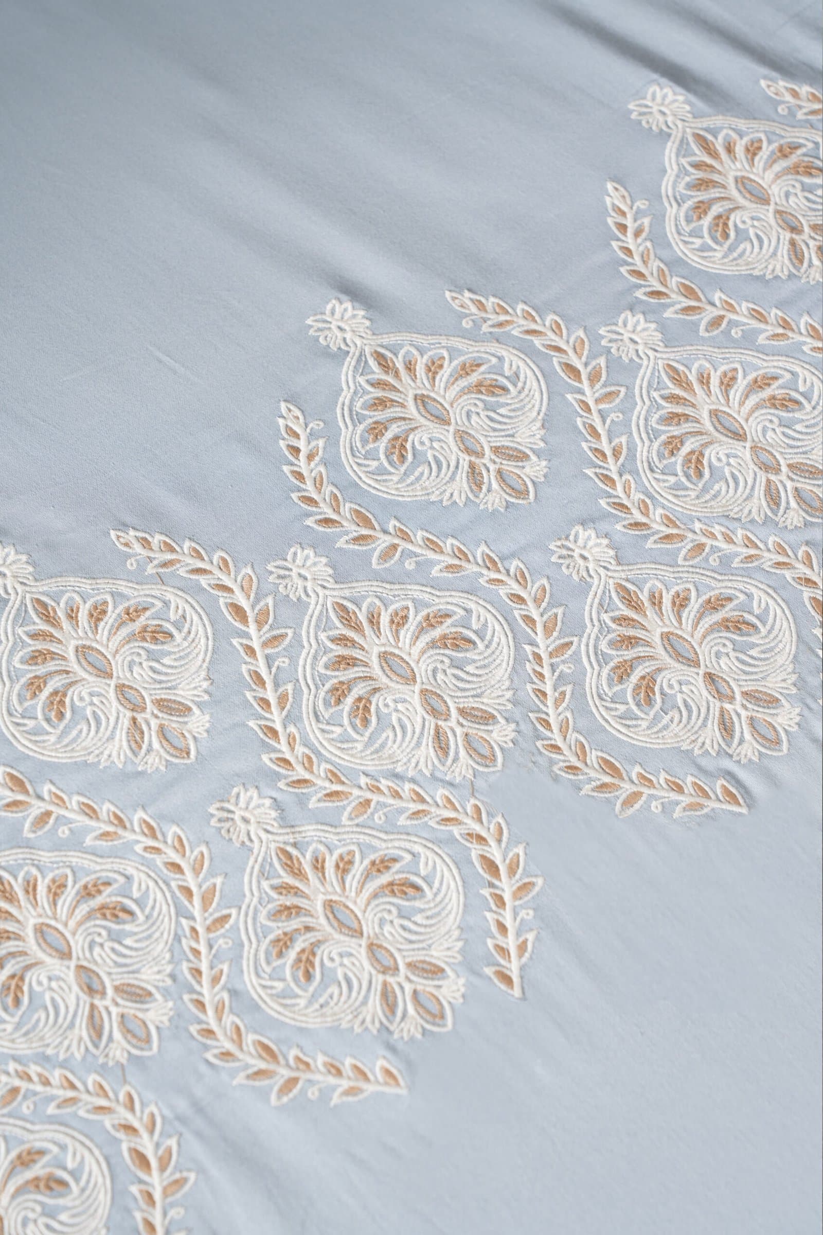 Zari Noor Buta Embroidered Bedsheet Set | Steel Blue | Designer Embroidery | 1 Bedsheet with 2 Pillow Covers | Luxury Bedroom Décor (108″x108″/274cmx274cm) (Copy) view 7