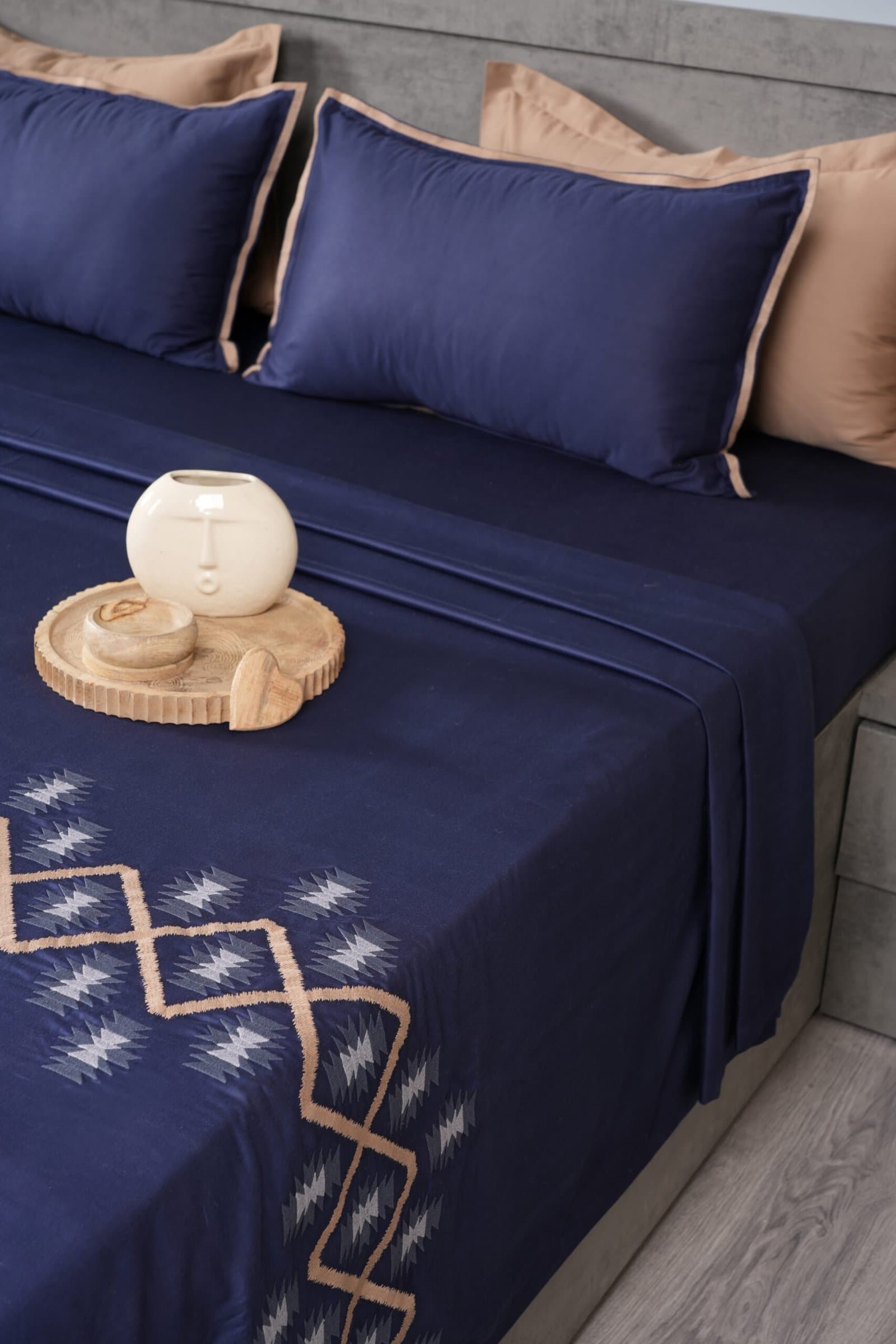 Mid-Night Weave Embroidered Bedsheet Set | Royal Navy | Designer Embroidery | 1 Bedsheet with 2 Pillow Covers | Luxury Bedroom Décor (108″x108″/274cmx274cm) view 8