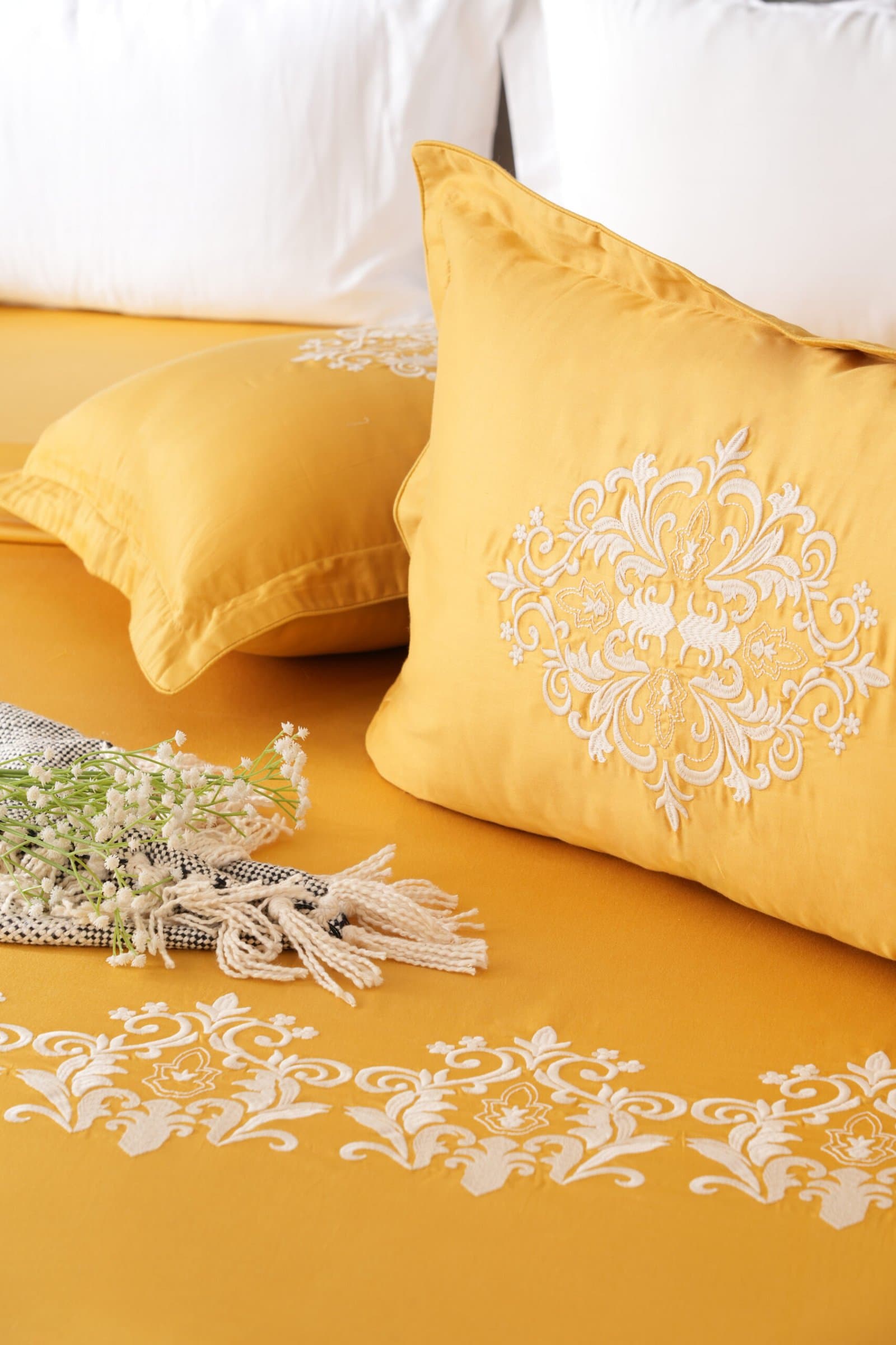 Jharokha Embroidered Bedsheet Set | Sunlit Gold | Designer Embroidery | 1 Bedsheet with 2 Pillow Covers | Luxury Bedroom Décor (108″x108″/274cmx274cm)