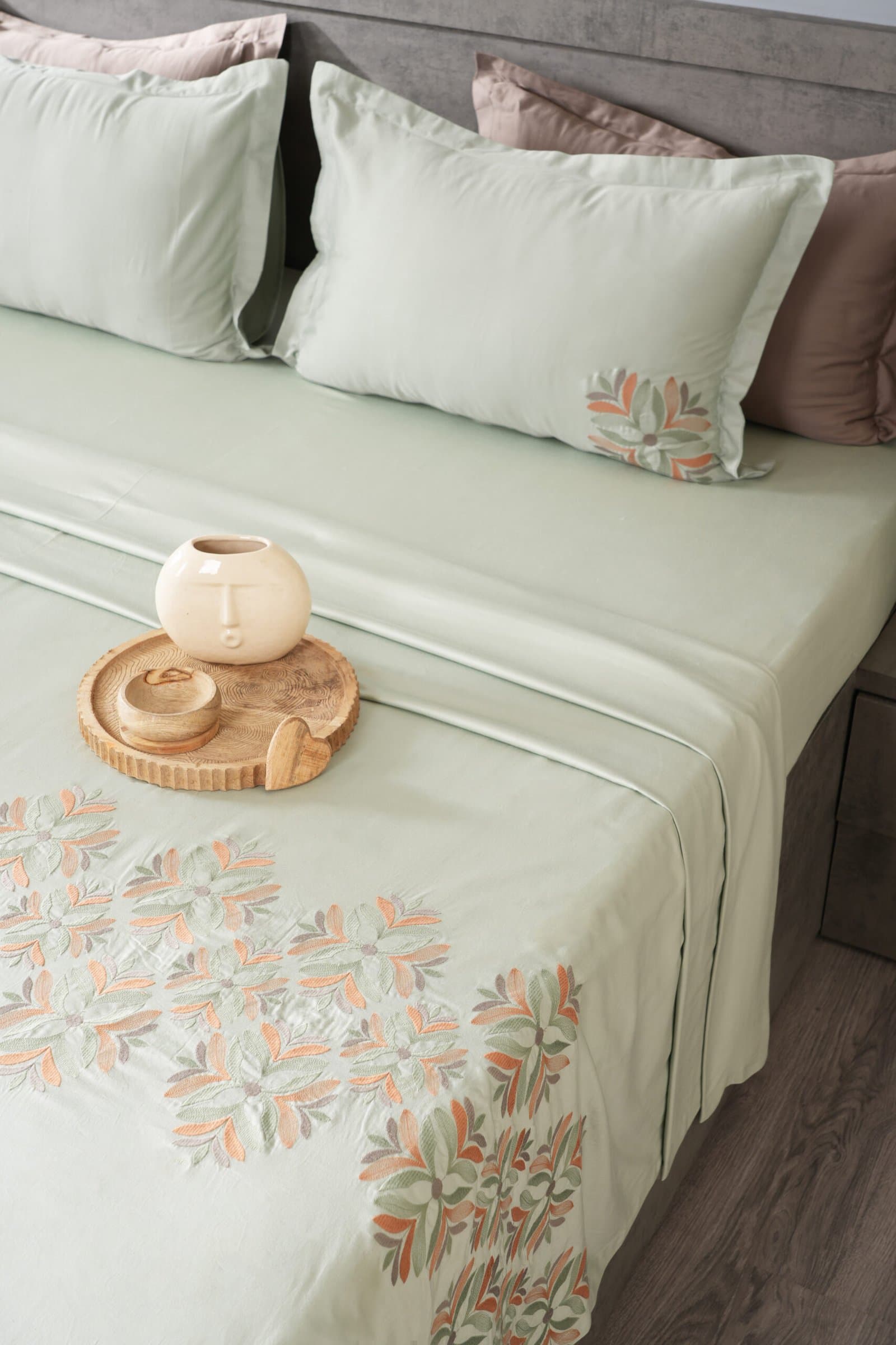 Bahoor Bloom Embroidered Bedsheet Set | Mist Green | Designer Embroidery | 1 Bedsheet with 2 Pillow Covers | Luxury Bedroom Décor (108″x108″/274cmx274cm) view 8
