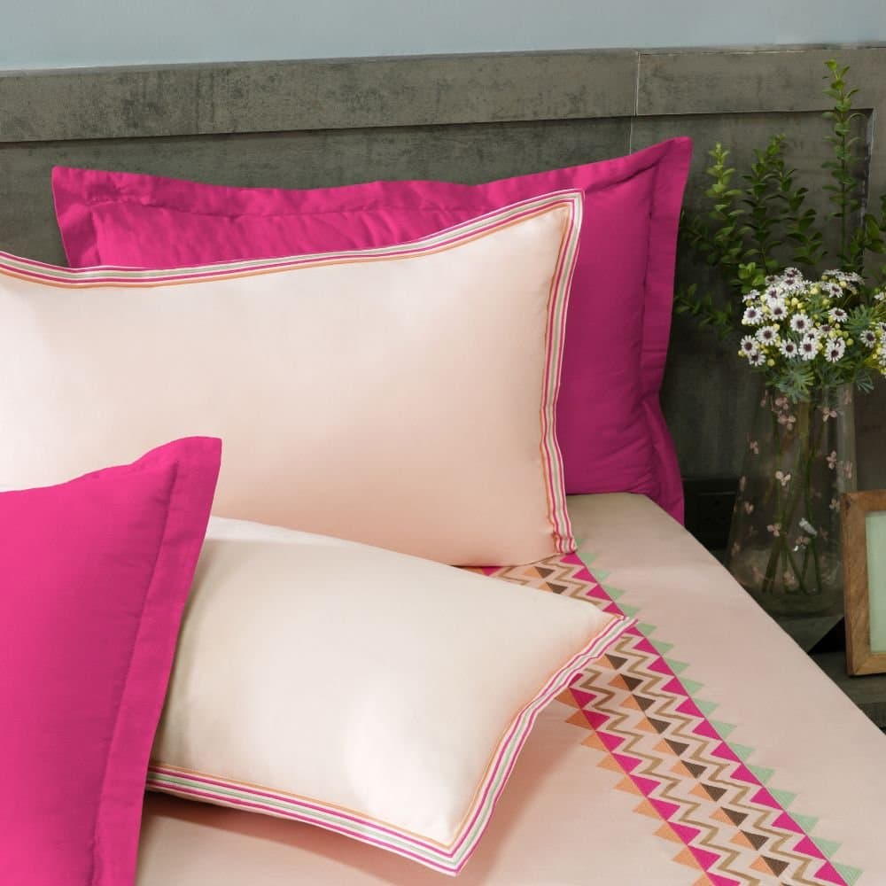 Boho Path Embroidered Bedsheet Set | Peony Blush | Designer Embroidery | 1 Bedsheet with 2 Pillow Covers | Luxury Bedroom Décor (108″x108″/274cmx274cm)