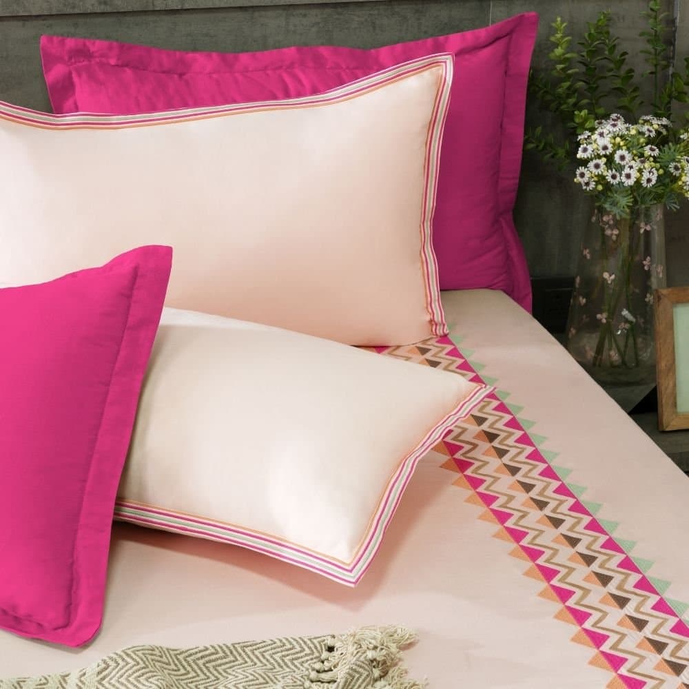 Boho Path Embroidered Bedsheet Set | Peony Blush | Designer Embroidery | 1 Bedsheet with 2 Pillow Covers | Luxury Bedroom Décor (108″x108″/274cmx274cm)