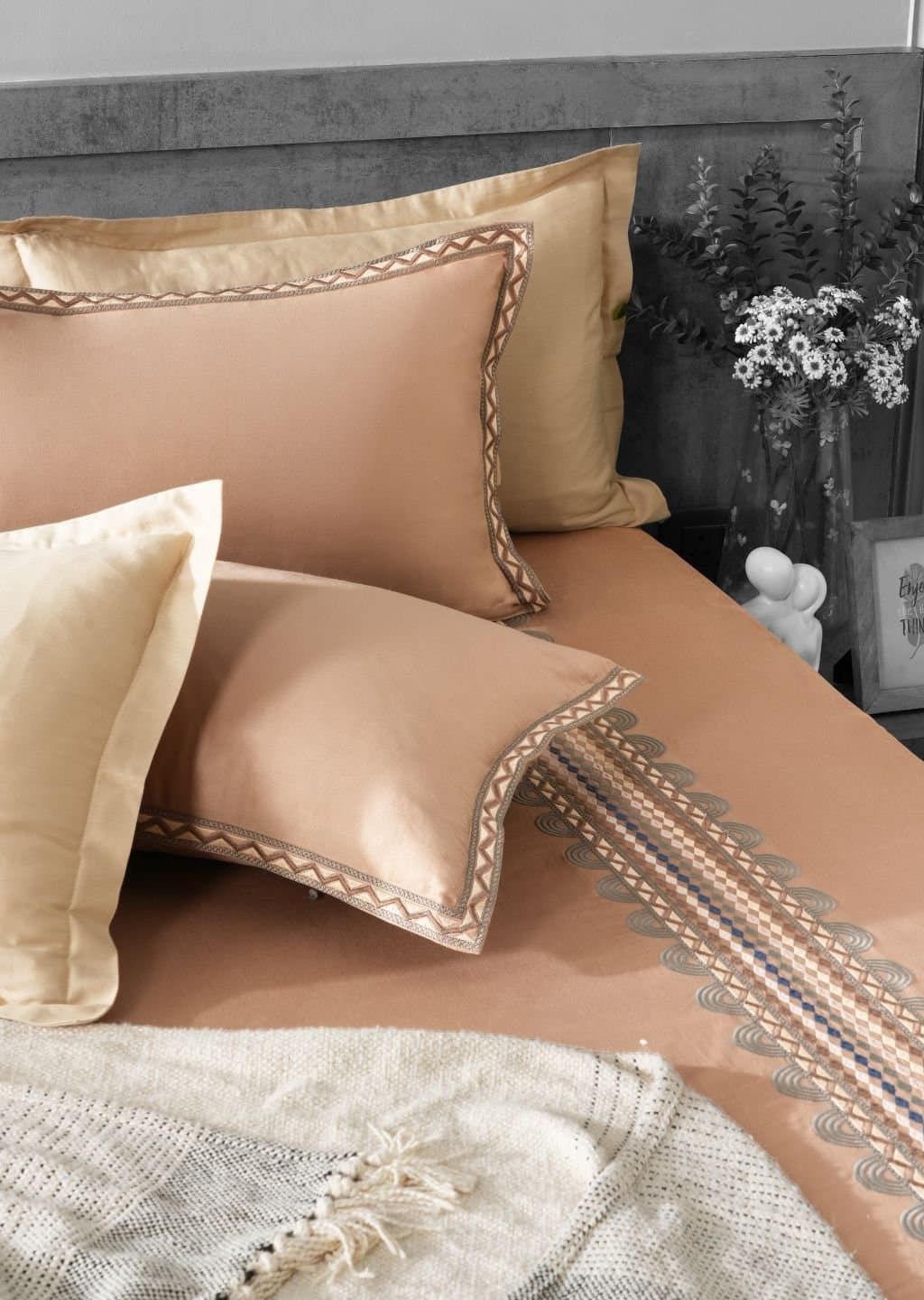 Geometric Grace Embroidered Bedsheet Set | Taupe Mist | Designer Embroidery | 1 Bedsheet with 2 Pillow Covers | Luxury Bedroom Décor (108″x108″/274cmx274cm)