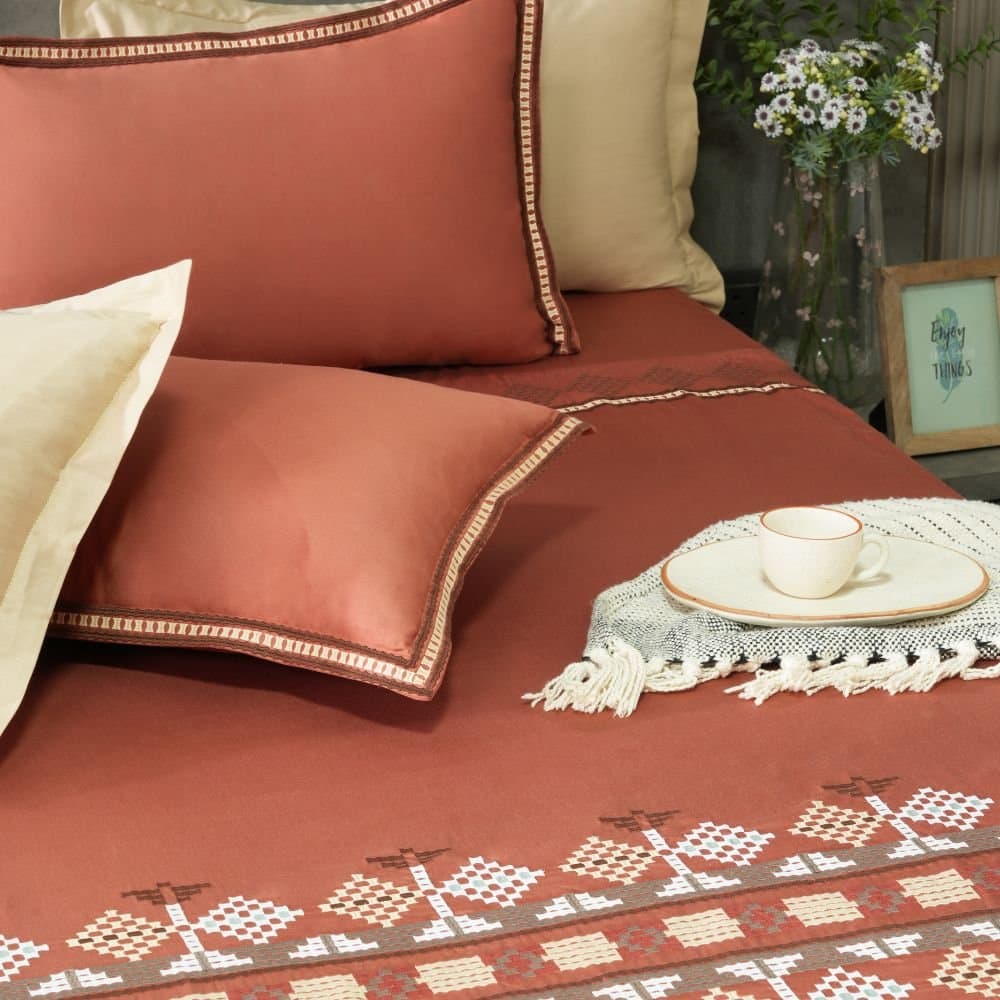 Desert Harmony Embroidered Bedsheet Set | Rust Clay | Designer Embroidery | 1 Bedsheet with 2 Pillow Covers | Luxury Bedroom Décor (108″x108″/274cmx274cm)