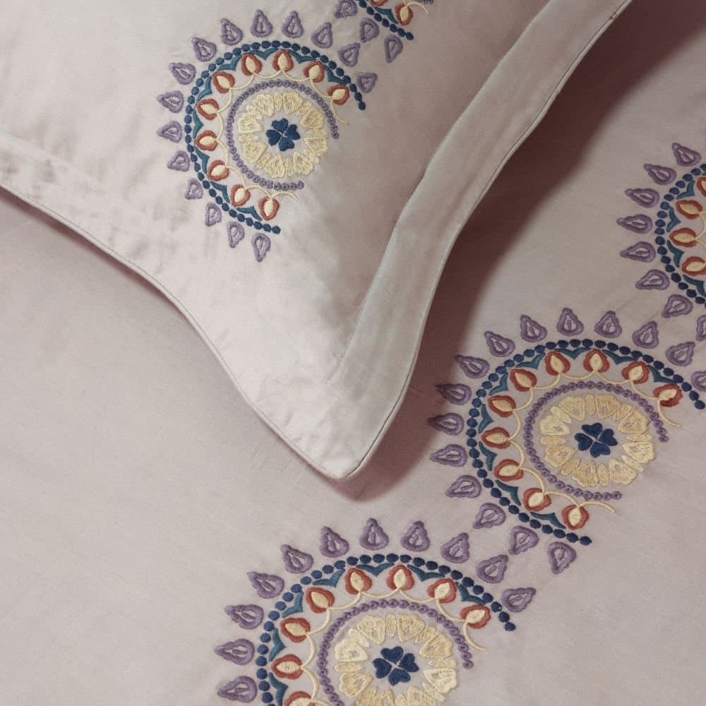 Royal Mandala Embroidered Bedsheet Set | Soft Grey | Designer Embroidery | 1 Bedsheet with 2 Pillow Covers | Luxury Bedroom Décor (108″x108″/274cmx274cm) view 5