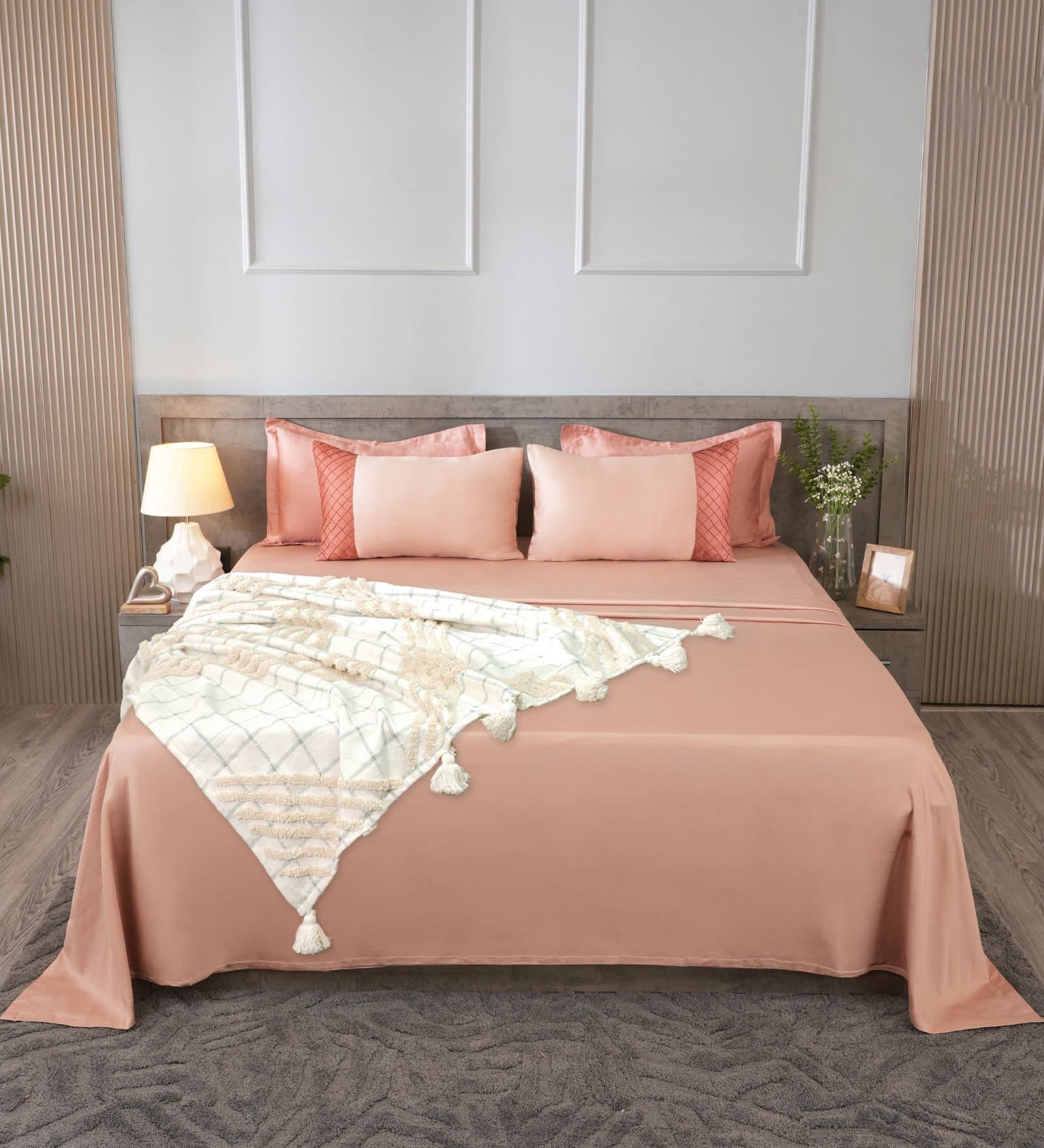 Majestic French Collection | 100% Cotton | Solids (108″x108″/274cmx274cm) | 300TC Superking Size Bedsheet with 2 Pillow Covers (Designer) | Chempange Rose view 3