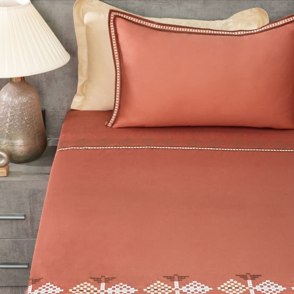 Desert Harmony Embroidered Bedsheet Set | Rust Clay | Designer Embroidery | 1 Bedsheet with 2 Pillow Covers | Luxury Bedroom Décor (108″x108″/274cmx274cm) view 2