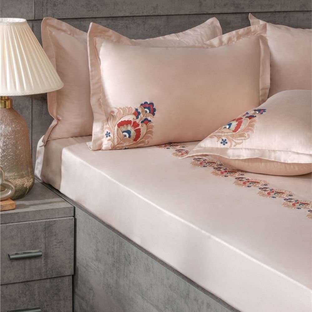 Mughal Grace Embroidered Bedsheet Set | Classic Sand | Designer Embroidery | 1 Bedsheet with 2 Pillow Covers | Luxury Bedroom Décor (108″x108″/274cmx274cm)
