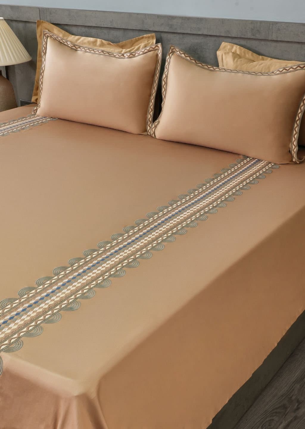 Geometric Grace Embroidered Bedsheet Set | Taupe Mist | Designer Embroidery | 1 Bedsheet with 2 Pillow Covers | Luxury Bedroom Décor (108″x108″/274cmx274cm) view 3