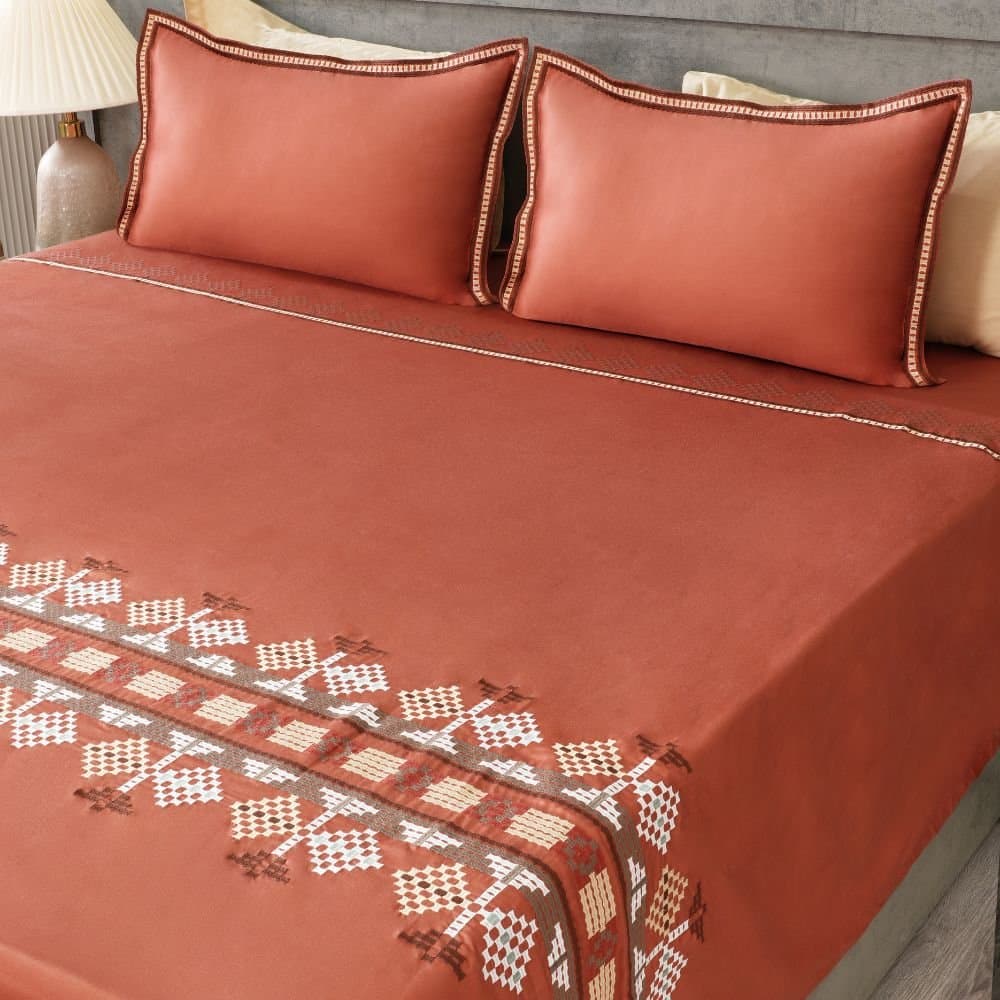 Desert Harmony Embroidered Bedsheet Set | Rust Clay | Designer Embroidery | 1 Bedsheet with 2 Pillow Covers | Luxury Bedroom Décor (108″x108″/274cmx274cm) view 3