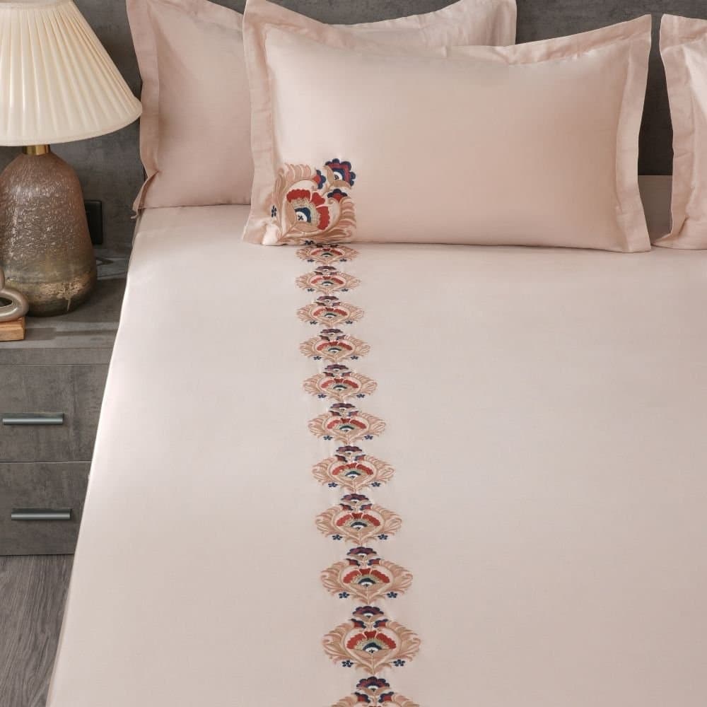 Mughal Grace Embroidered Bedsheet Set | Classic Sand | Designer Embroidery | 1 Bedsheet with 2 Pillow Covers | Luxury Bedroom Décor (108″x108″/274cmx274cm) view 2