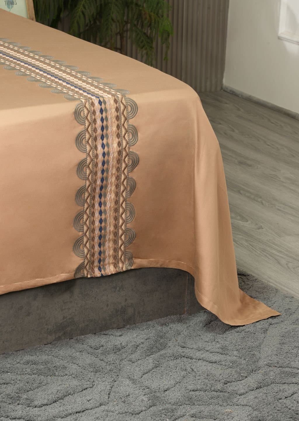 Geometric Grace Embroidered Bedsheet Set | Taupe Mist | Designer Embroidery | 1 Bedsheet with 2 Pillow Covers | Luxury Bedroom Décor (108″x108″/274cmx274cm) view 4