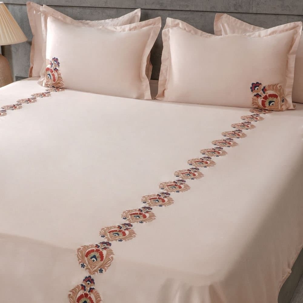 Mughal Grace Embroidered Bedsheet Set | Classic Sand | Designer Embroidery | 1 Bedsheet with 2 Pillow Covers | Luxury Bedroom Décor (108″x108″/274cmx274cm) view 3