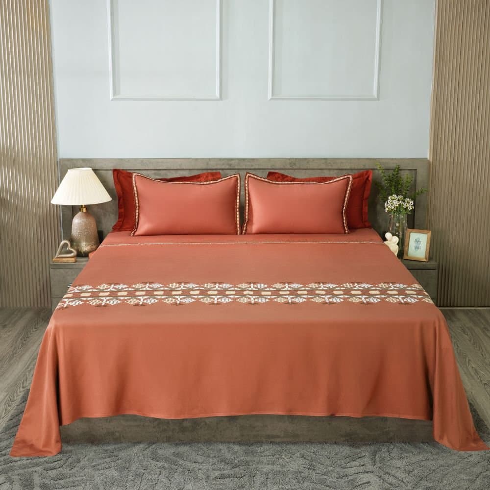 Desert Harmony Embroidered Bedsheet Set | Rust Clay | Designer Embroidery | 1 Bedsheet with 2 Pillow Covers | Luxury Bedroom Décor (108″x108″/274cmx274cm) view 5
