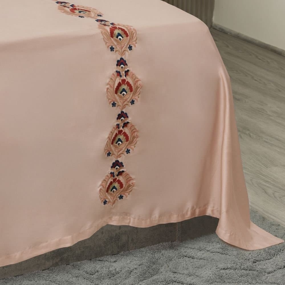 Mughal Grace Embroidered Bedsheet Set | Classic Sand | Designer Embroidery | 1 Bedsheet with 2 Pillow Covers | Luxury Bedroom Décor (108″x108″/274cmx274cm) view 4