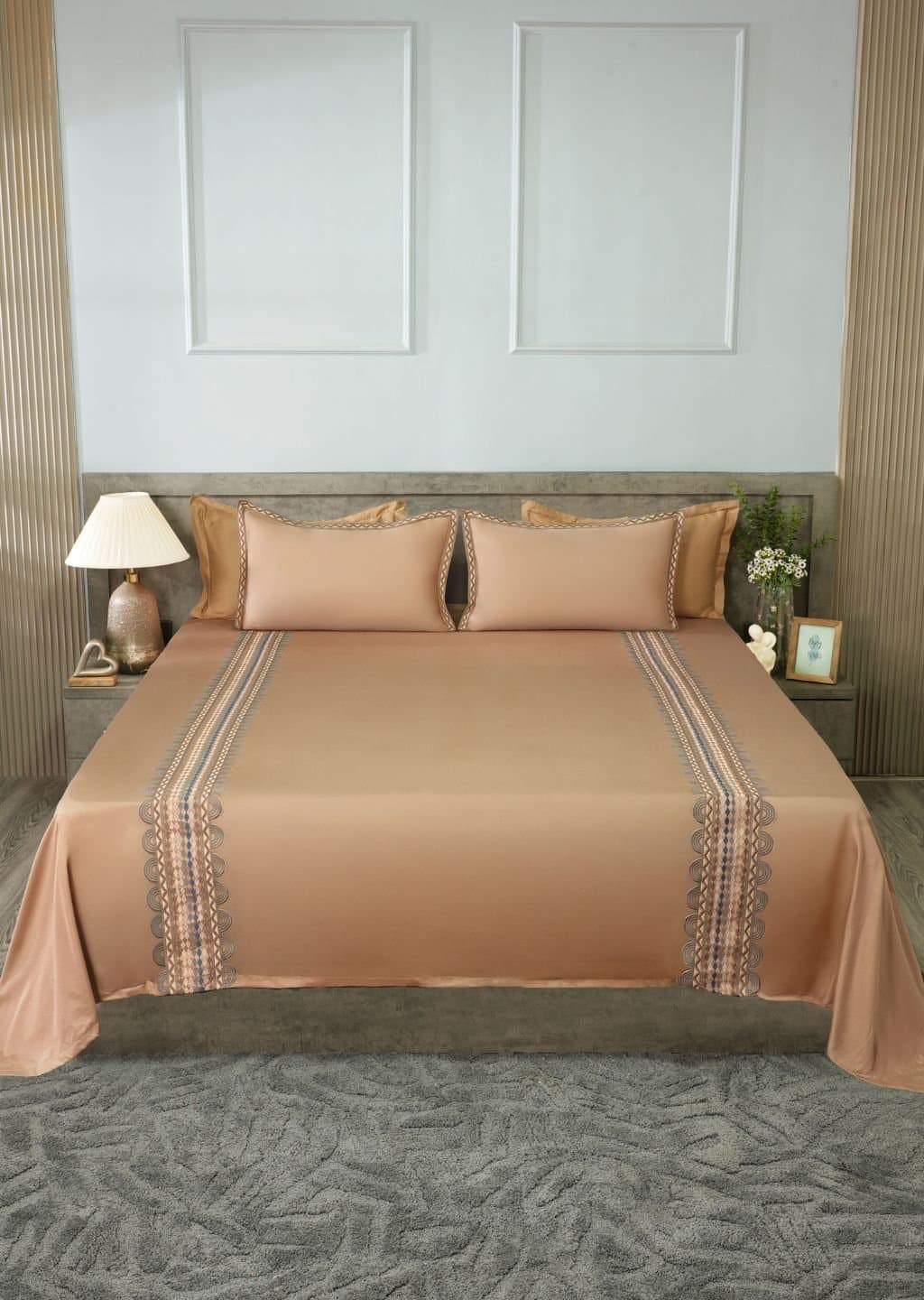 Geometric Grace Embroidered Bedsheet Set | Taupe Mist | Designer Embroidery | 1 Bedsheet with 2 Pillow Covers | Luxury Bedroom Décor (108″x108″/274cmx274cm) view 5