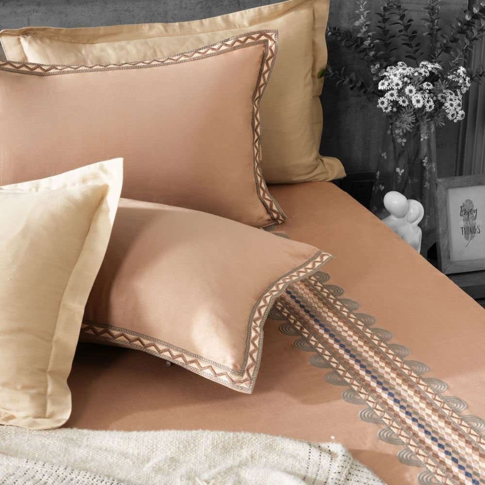 Geometric Grace Embroidered Bedsheet Set | Taupe Mist | Designer Embroidery | 1 Bedsheet with 2 Pillow Covers | Luxury Bedroom Décor (108″x108″/274cmx274cm)
