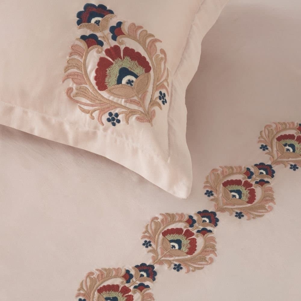 Mughal Grace Embroidered Bedsheet Set | Classic Sand | Designer Embroidery | 1 Bedsheet with 2 Pillow Covers | Luxury Bedroom Décor (108″x108″/274cmx274cm) view 5