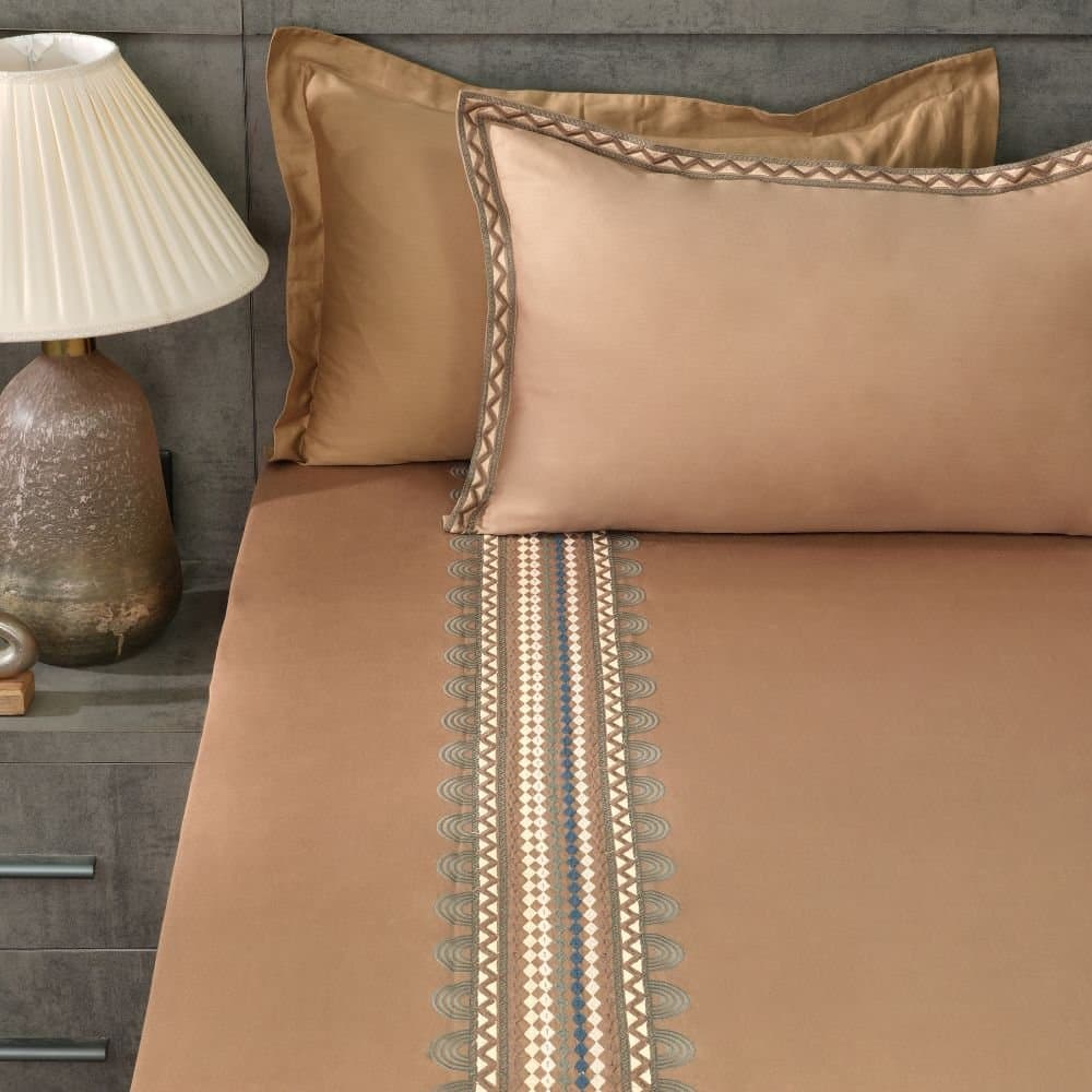 Geometric Grace Embroidered Bedsheet Set | Taupe Mist | Designer Embroidery | 1 Bedsheet with 2 Pillow Covers | Luxury Bedroom Décor (108″x108″/274cmx274cm) view 2