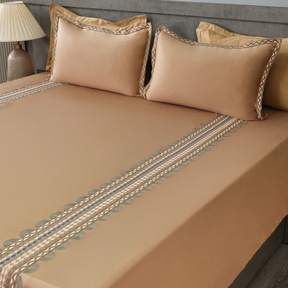 Geometric Grace Embroidered Bedsheet Set | Taupe Mist | Designer Embroidery | 1 Bedsheet with 2 Pillow Covers | Luxury Bedroom Décor (108″x108″/274cmx274cm) view 3
