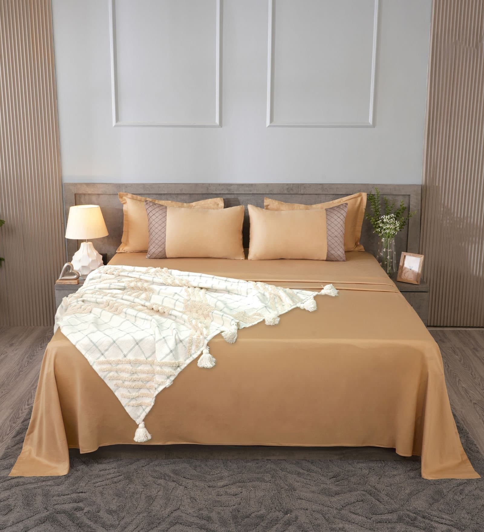 Majestic French Collection | 100% Cotton | Solids (108″x108″/274cmx274cm) | 300TC Superking Size Bedsheet with 2 Pillow Covers (Designer) | Taupe Mist view 3