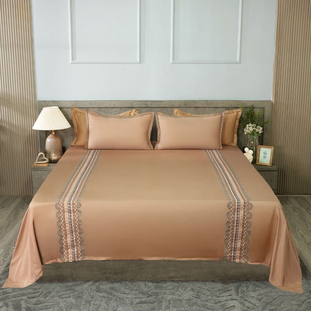 Geometric Grace Embroidered Bedsheet Set | Taupe Mist | Designer Embroidery | 1 Bedsheet with 2 Pillow Covers | Luxury Bedroom Décor (108″x108″/274cmx274cm) view 4