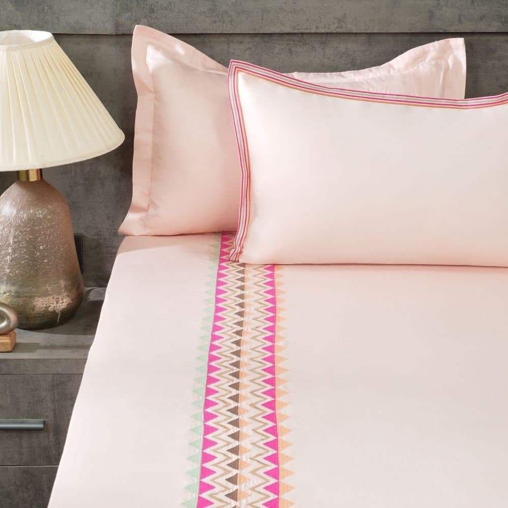 Boho Path Embroidered Bedsheet Set | Peony Blush | Designer Embroidery | 1 Bedsheet with 2 Pillow Covers | Luxury Bedroom Décor (108″x108″/274cmx274cm) view 2