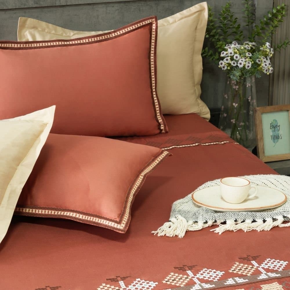 Desert Harmony Embroidered Bedsheet Set | Rust Clay | Designer Embroidery | 1 Bedsheet with 2 Pillow Covers | Luxury Bedroom Décor (108″x108″/274cmx274cm)