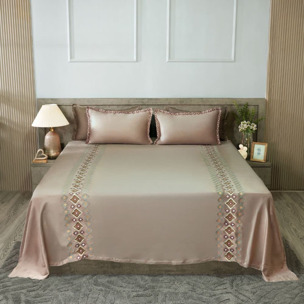 Nordic Trail Embroidered Bedsheet Set | Smoke | Designer Embroidery | 1 Bedsheet with 2 Pillow Covers | Luxury Bedroom Décor (108″x108″/274cmx274cm) view 2