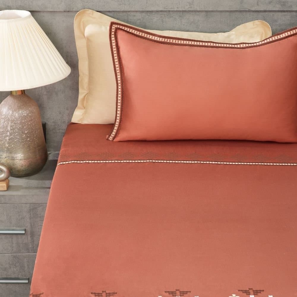 Desert Harmony Embroidered Bedsheet Set | Rust Clay | Designer Embroidery | 1 Bedsheet with 2 Pillow Covers | Luxury Bedroom Décor (108″x108″/274cmx274cm) view 2