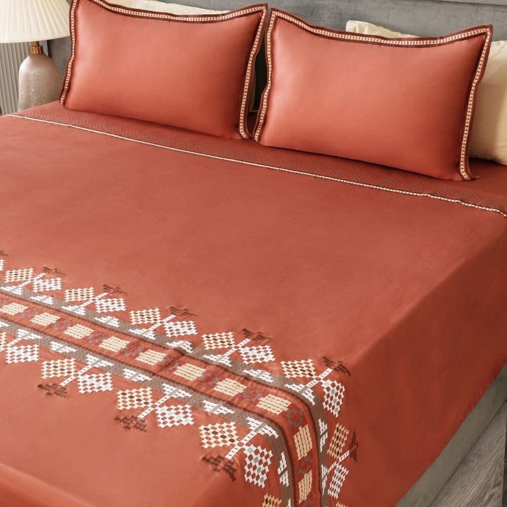 Desert Harmony Embroidered Bedsheet Set | Rust Clay | Designer Embroidery | 1 Bedsheet with 2 Pillow Covers | Luxury Bedroom Décor (108″x108″/274cmx274cm) view 3