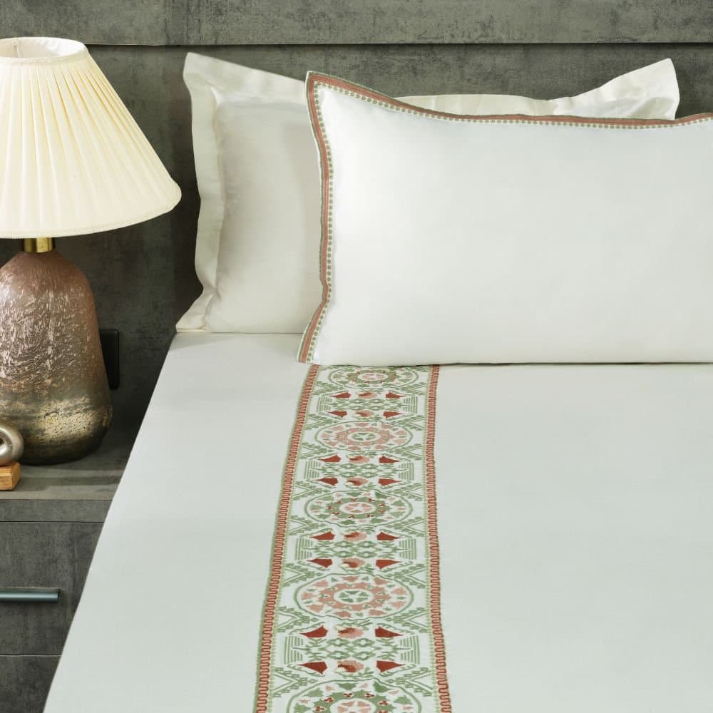 Heirloom Tapestry Embroidered Bedsheet Set | Light Cream | Designer Embroidery | 1 Bedsheet with 2 Pillow Covers | Luxury Bedroom Décor (108″x108″/274cmx274cm) view 2