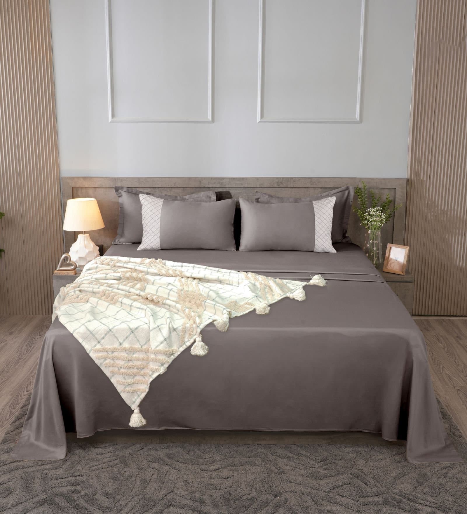 Majestic French Collection | 100% Cotton | Solids (108″x108″/274cmx274cm) | 300TC Superking Size Bedsheet with 2 Pillow Covers (Designer) | Deep Grey view 3