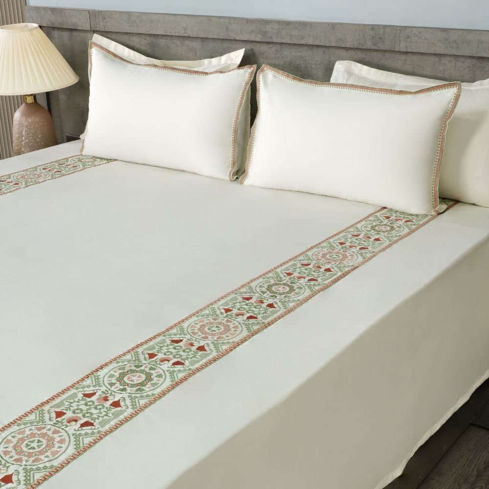 Heirloom Tapestry Embroidered Bedsheet Set | Light Cream | Designer Embroidery | 1 Bedsheet with 2 Pillow Covers | Luxury Bedroom Décor (108″x108″/274cmx274cm) view 3