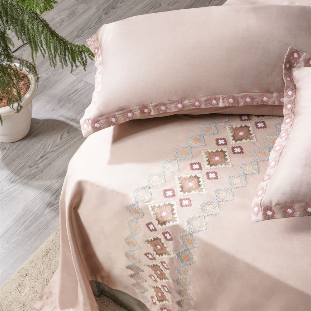 Nordic Trail Embroidered Bedsheet Set | Smoke | Designer Embroidery | 1 Bedsheet with 2 Pillow Covers | Luxury Bedroom Décor (108″x108″/274cmx274cm)