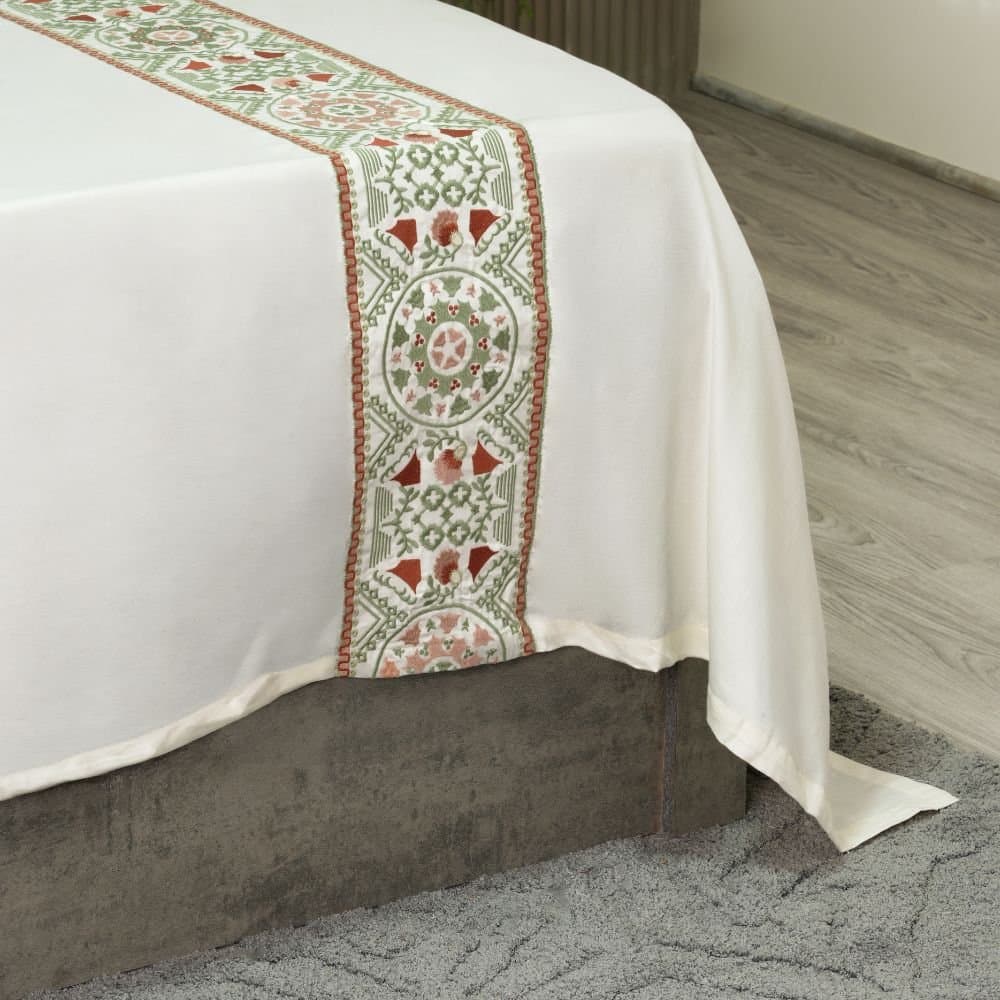 Heirloom Tapestry Embroidered Bedsheet Set | Light Cream | Designer Embroidery | 1 Bedsheet with 2 Pillow Covers | Luxury Bedroom Décor (108″x108″/274cmx274cm) view 4