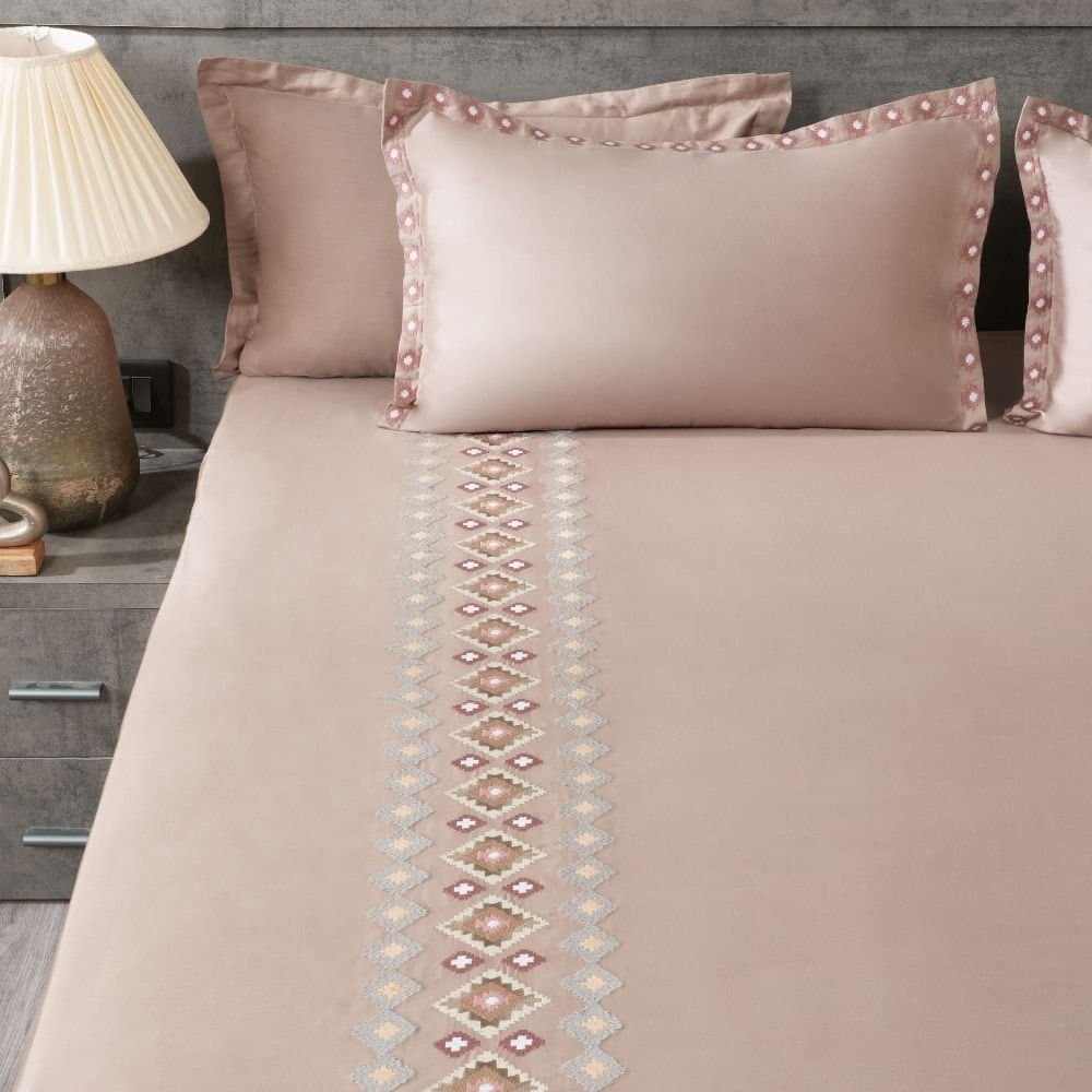Nordic Trail Embroidered Bedsheet Set | Smoke | Designer Embroidery | 1 Bedsheet with 2 Pillow Covers | Luxury Bedroom Décor (108″x108″/274cmx274cm) view 2